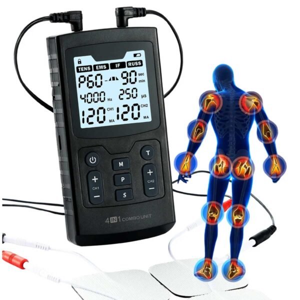 Black 4-in-1 Electrotherapy EMS Muscle Stimulator – Includes TENS, IFT & Russ Functions with 60 Preset Programs, Electrode Pads & Carry Bag - Image 6