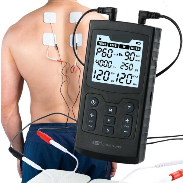 Black 4-in-1 Electrotherapy EMS Muscle Stimulator – Includes TENS, IFT & Russ Functions with 60 Preset Programs, Electrode Pads & Carry Bag - Image 4